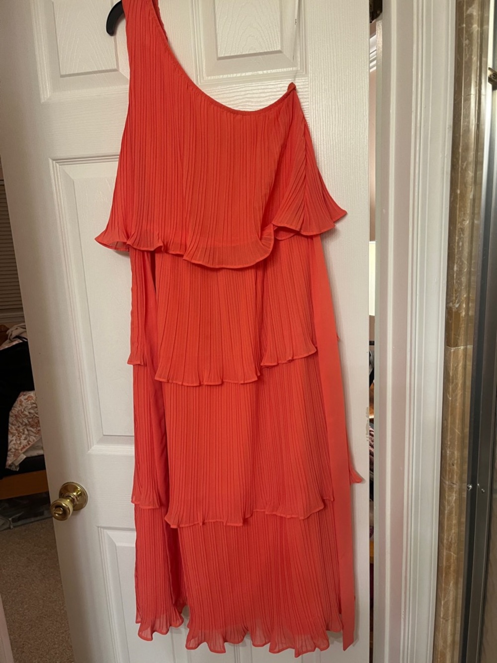 Women's One-Shoulder Tiered coral  Pleated Dress
